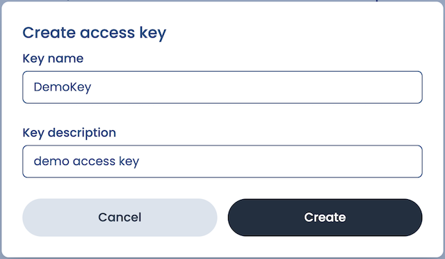 Access key creation screen with fields for name and description